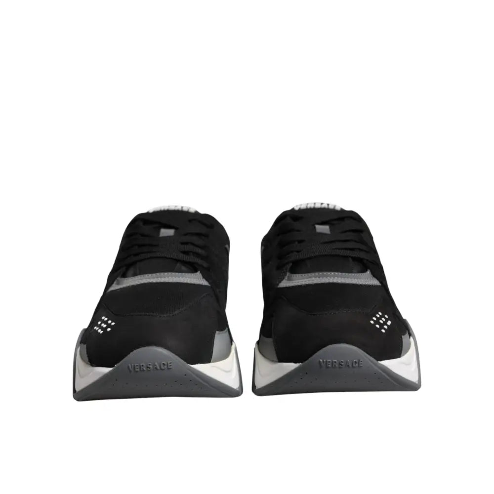 Versace Black Leather Neoprene Chunky Low Top Sneakers Squalo Shoes