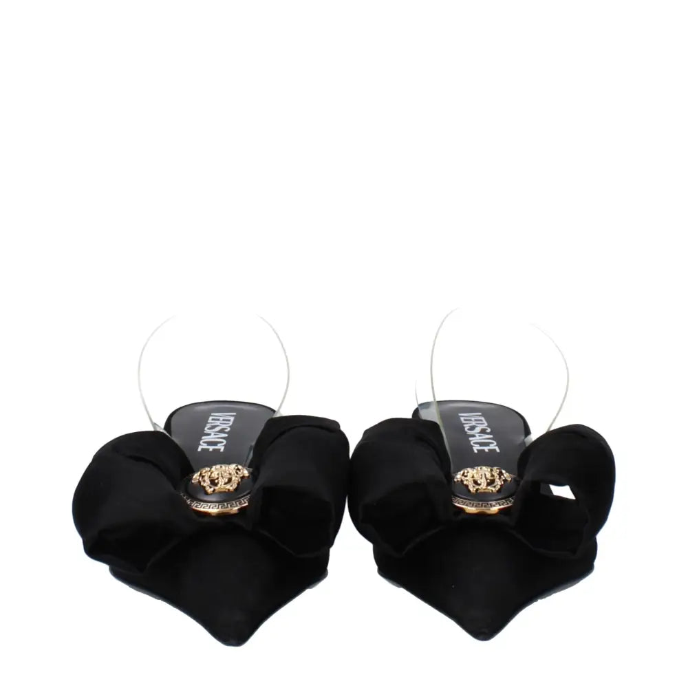 Versace black satin flat sandals with bow, transparent straps and gold medusa