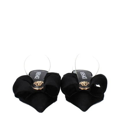 Versace black satin flat sandals with bow, transparent straps and gold medusa