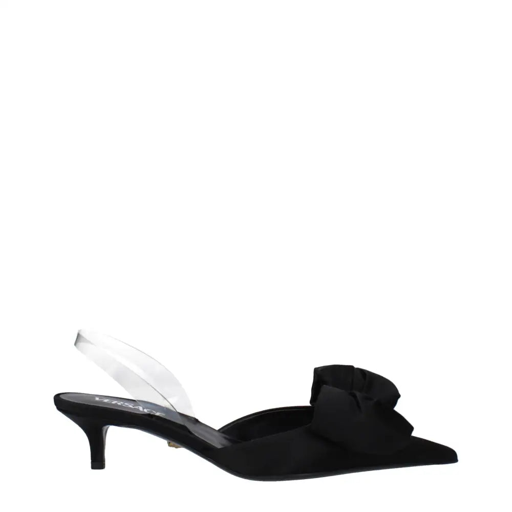 Versace black satin flat sandals with clear strap and ruffled bow