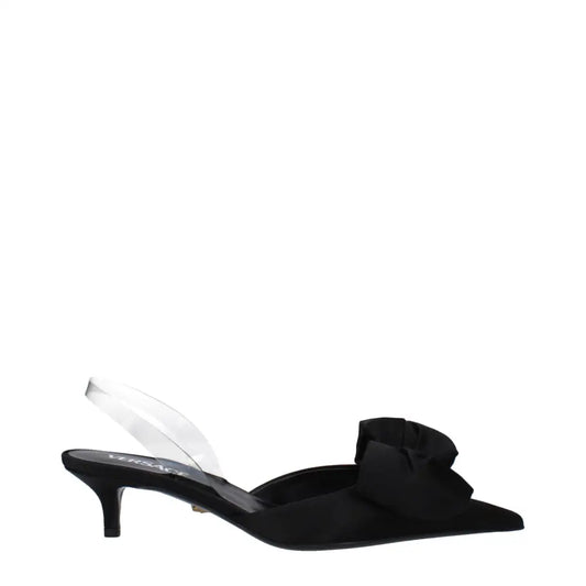 Versace black satin flat sandals with clear strap and ruffled bow