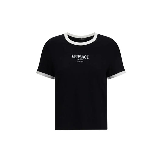 Versace sort viscose T-shirt med hvid ringerkant og minimalistisk logo