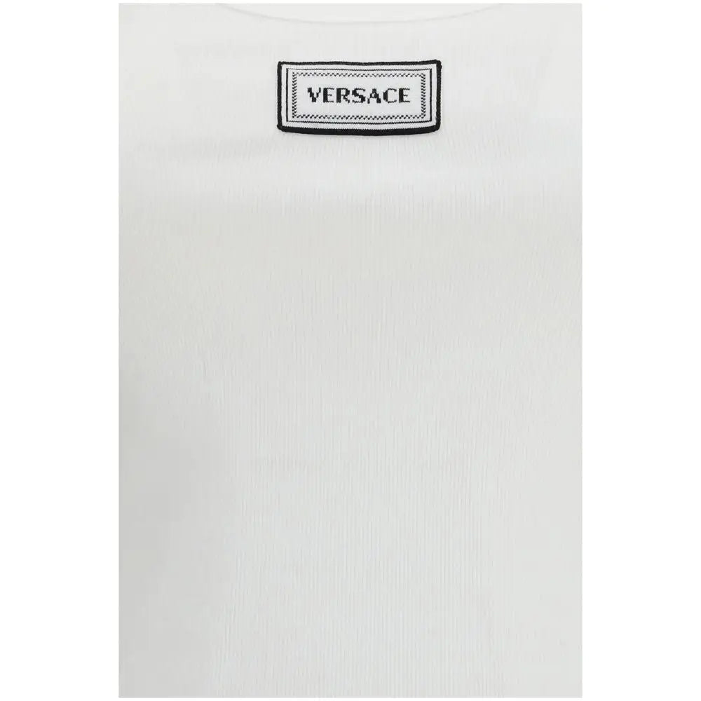 Versace hvid bomuldstrøje med sort logo-broderi ved halsen, 100% originale brands