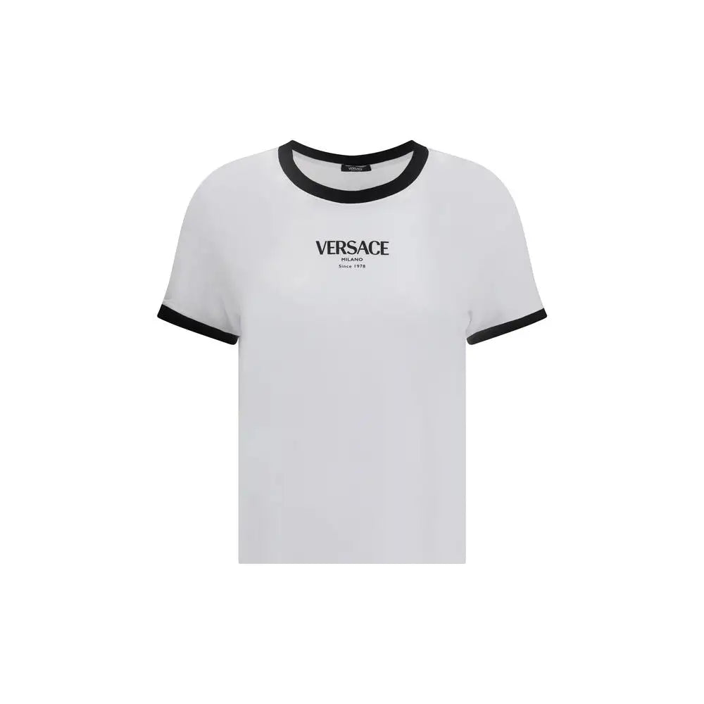 Hvid Versace viskose t-shirt med sort ringer og minimalistisk logo