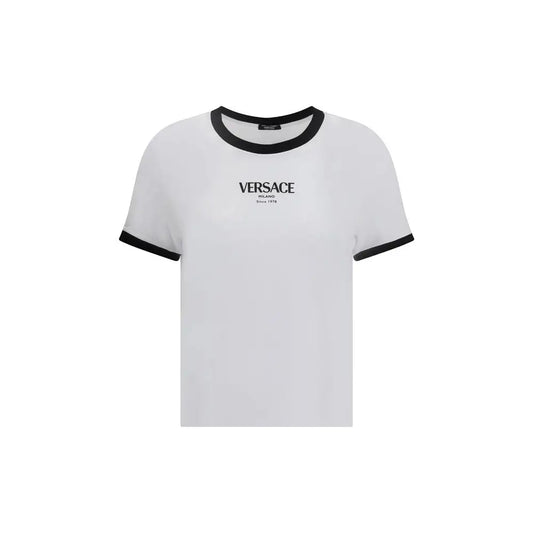 Hvid Versace viskose t-shirt med sort ringer og minimalistisk logo